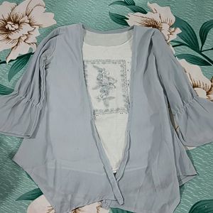 Grey Georgette Attached  Jacket And  White Coton T