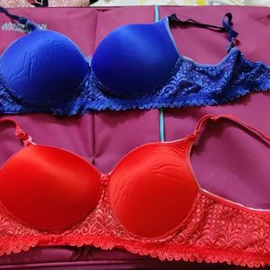 36B Red N Blue Padded Bra With Lace