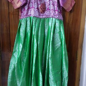 Green With Pink Color Semi-pattu Longfrock