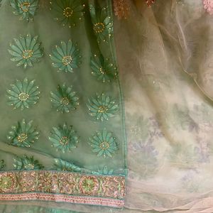 Green And Beige Zari/ Stone Pattern Saree