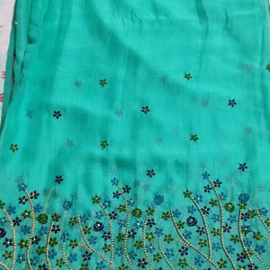 Flower Embroidery Green Saree