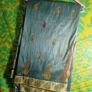 Silk Banarasi Saree Grey Blue Women's Bengali Sari