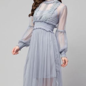 Grey Baloon Sleeves Skater Net Dress