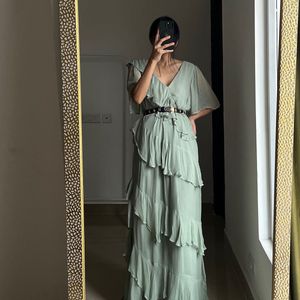 Asymmetric Ruffle Tiered Angel Sleeve Maxi Dress