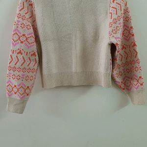 H & M -White Sweater with Playful Pink and Orange