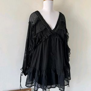 Deep Neck Sexy Black Flared Dress - M Size