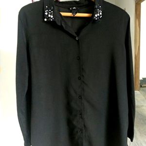 H&M Black Beaded Stone Collared Shirt