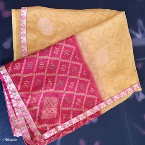 Mustard and red Colour Light work Saree