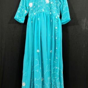 Floral Designed Sky Blue Long Dress