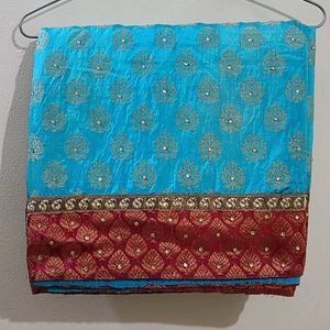 Banarasi SkyBlue Maroon And Gold With Stone Saree