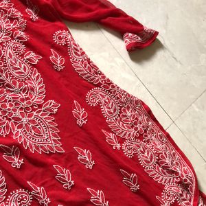 Straight Fit Chicken Work Red Kurti