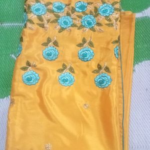 Yellow Colour Embroidery Work Saree