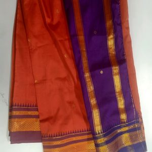 Peach And Dark Blue Combinetion Saree With Blouse