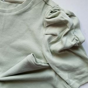 Fitted, Pistachio Green Top With Puff Sleeves