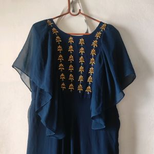 Navy Blue Gown With Ruffel Sleeves