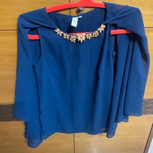 Cape Style Teal Blue Chiffon Top With Embellished Neck, No Defects, Comfy Material