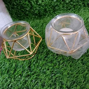 Golden Metal Candle Holder With Glass (2 no)