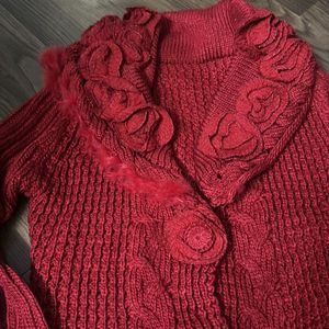 Red Long Woollen Cardigan