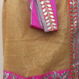 Yellow Saree With Heavy Pink Border And blouse!