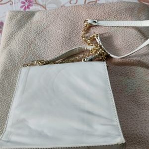 White Never Used Sling Bag With Golden Chain