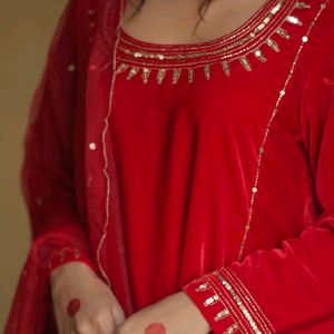 Velvet Red Straight Kurta Set