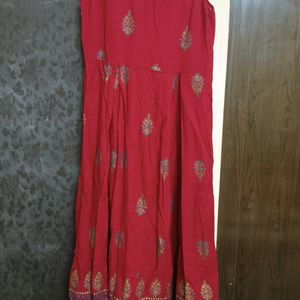 Red Front Cut Anarkali Kurti With Gold Print