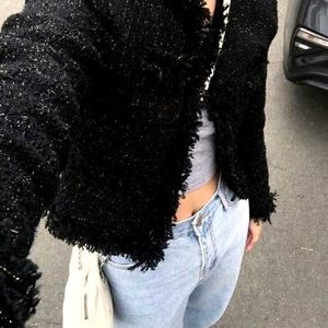 Korean Sequines Crop Tweet Jacket