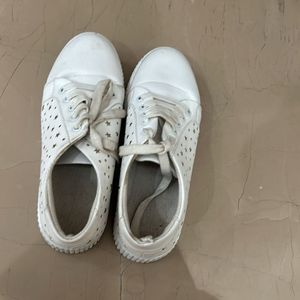 White Shoes with Cute Golden Design