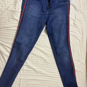 Skinny Blue Jeans With Red Stripe Side