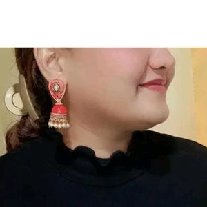 Ethnic Red Golden Pearl Jhumka