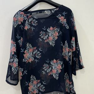 Sheer Floral Print Round Neck Top