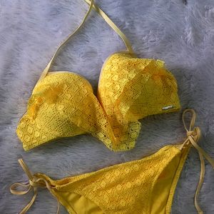 Yellow Padded Frills Schiffli Bikini Set 👙