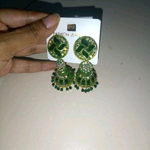 Green Stoned & Red Crystal Earrings