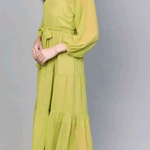 Lime Green Tiered Pleated Maxi Dress