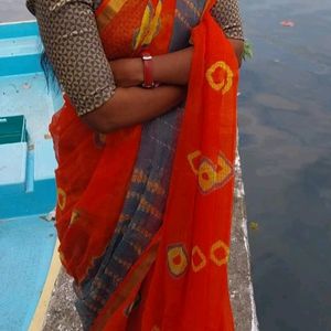 Orange Kotta Dhoria Saree With Grey Border