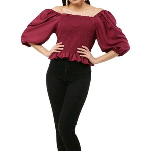 Casual 3/4 Sleeve Wine Colour Top