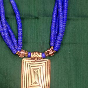 Royal Blue Necklace With Gold Brass Pendant.