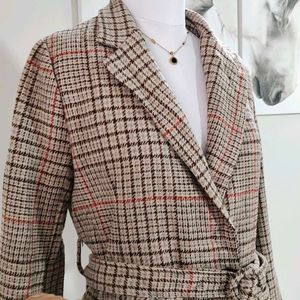 🆕 Checkered Woolen Blend Overcoat With Belt