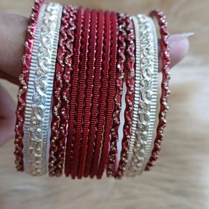 Maroon And Silver Bangles Set Of 14