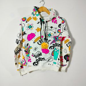 White Printed Casual Hoodie (Women's)