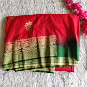 Red And Green With Zari Printed Saree (Women)