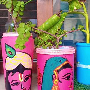 Set Of Radha Krishna Pots With Healty Lucky Plant