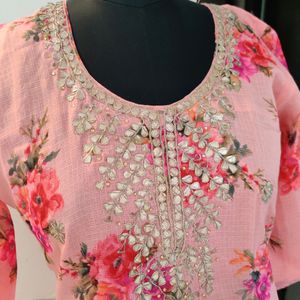 Kota Doria Floral Kurta With Gota Neckline