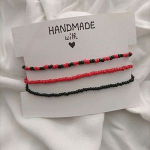 Handmade Red and Black Seed Bead Bracelet Set