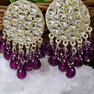 Golden Kundan With Purple Beads Earrings .