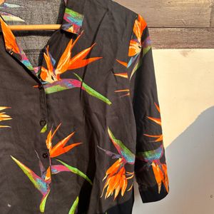 Black Tropical Shirt With Knot For Women