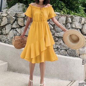 Yellow Off Shoulder Midi Dress