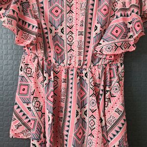 Baby Pink Printed Flared Top With Butterfly Sleeves