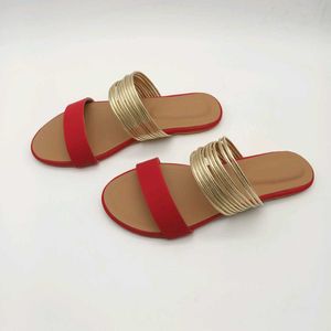 Red And Gold Flat Sandals.