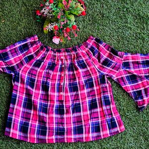 DNMX: Multicolour(pink) Checkered Off-shoulder Top